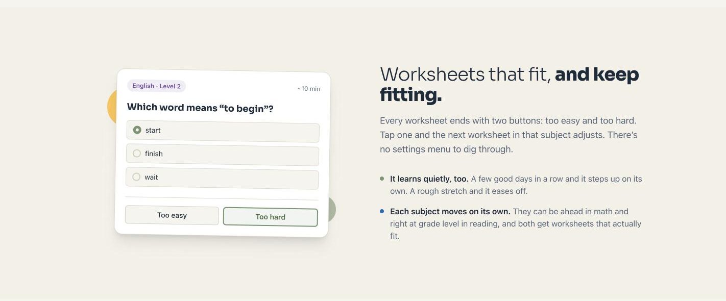 Sample worksheet card with Too easy and Too hard buttons, beside an explanation of adaptive difficulty