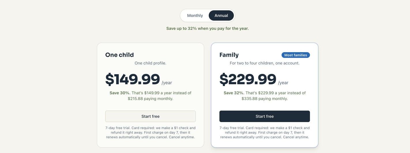 Steady Study pricing page with One child and Family annual plans